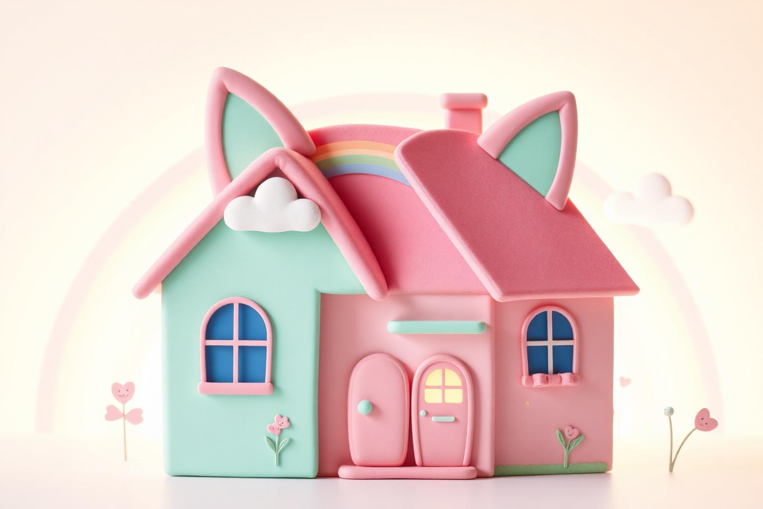 Pastel cat-ear dollhouse illustration with a rainbow and clouds